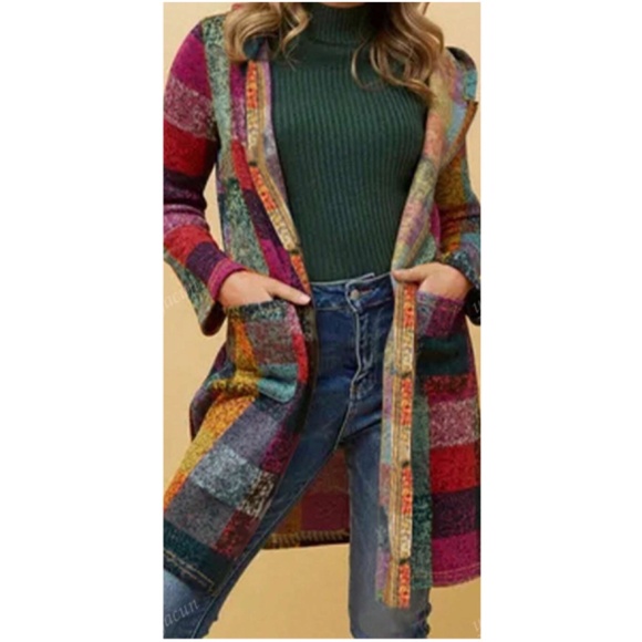 Multicolor Brushed Fabric Checkered Plaid Pockets Hoodie Jacket Coat - Picture 3 of 7